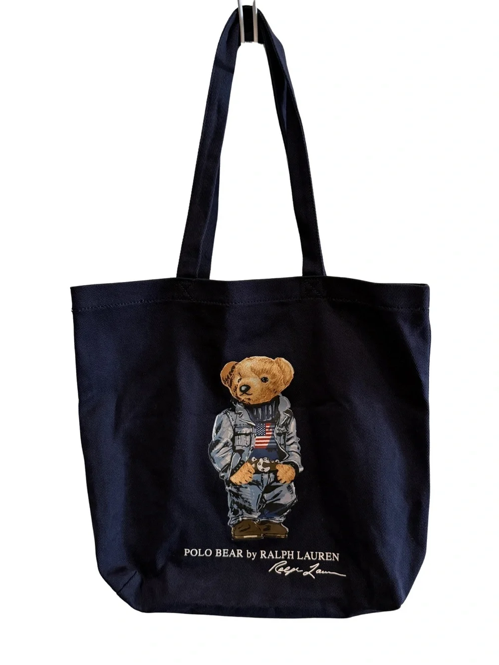 Ralph Lauren Navy Canvas Tote with USA Flag Polo Bear Graphic - Picture 1 of 6